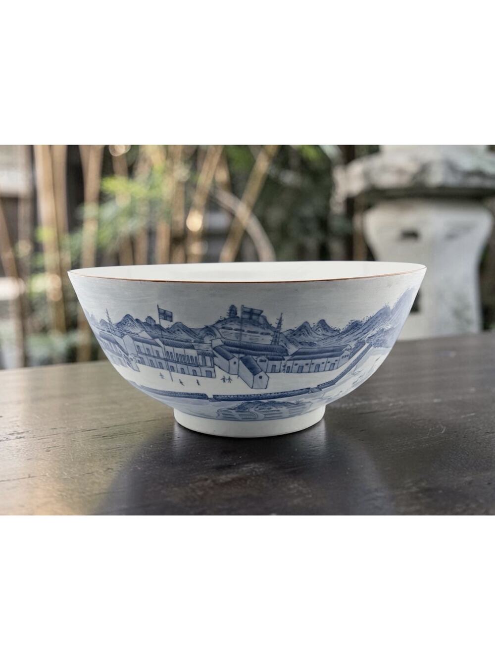 Chinese Porcelain Hong Punch Bowl "Trading Houses" 10" Hand Painted Gilt Rim